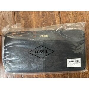 Fossil Tara Zip Clutch Wallet Black Leather Wristlet